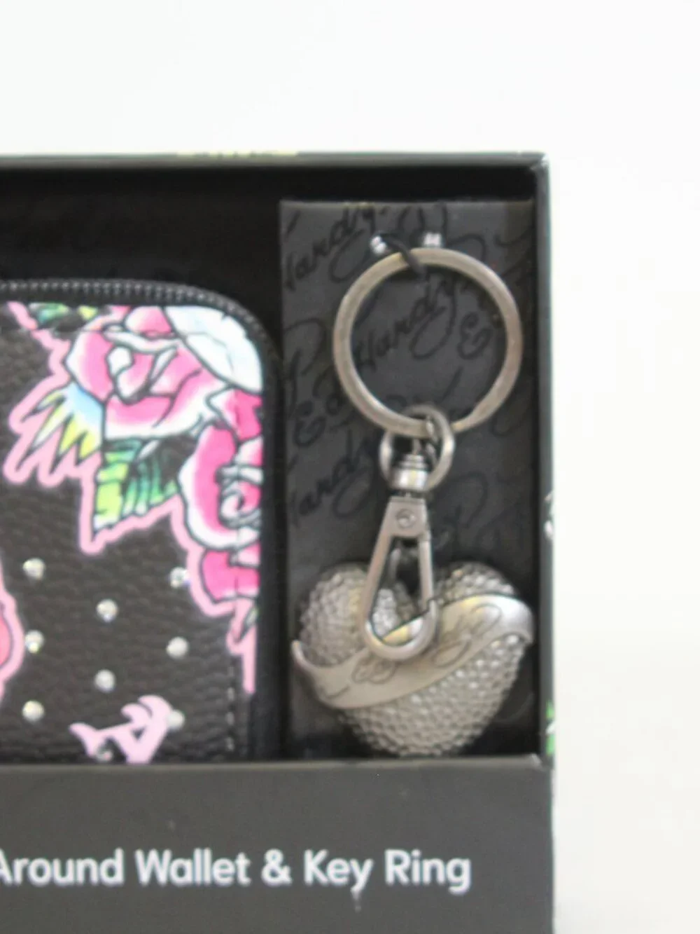 Ed Hardy Tattoo Rose Skull Zip Around Wallet‎ Keychain Set NWT Y2K